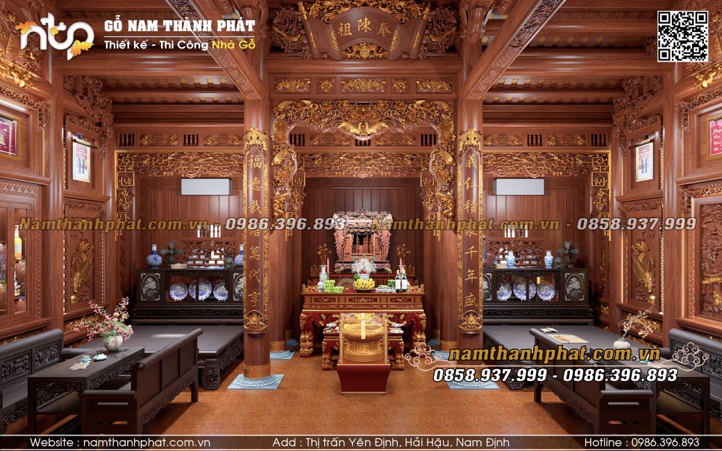 Toàn cảnh không gian nội thất 3 gian nhìn từ cửa vào